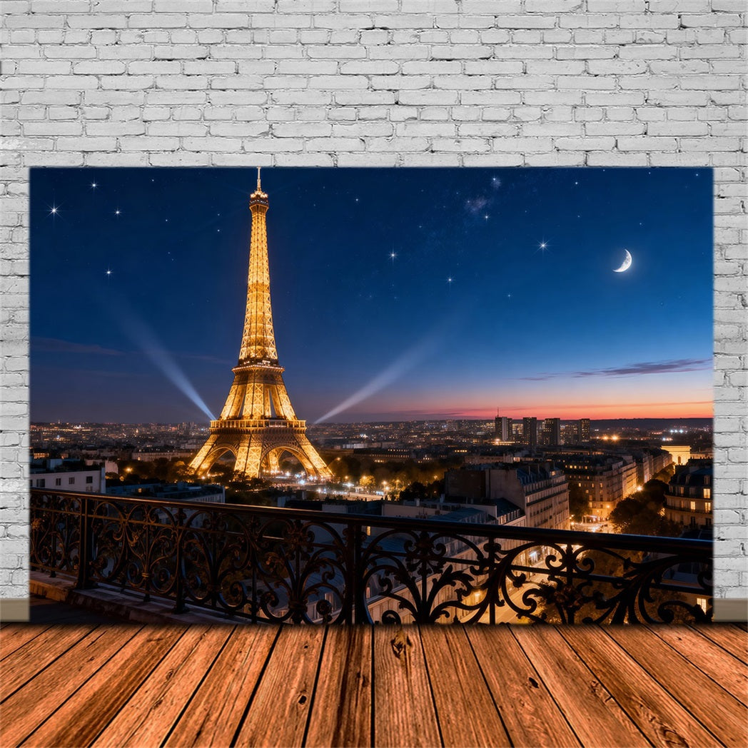Midnight In Paris Backdrop Starry Skyline Moonlight Glow Eiffel Tower Photo Backdrop RR61-59