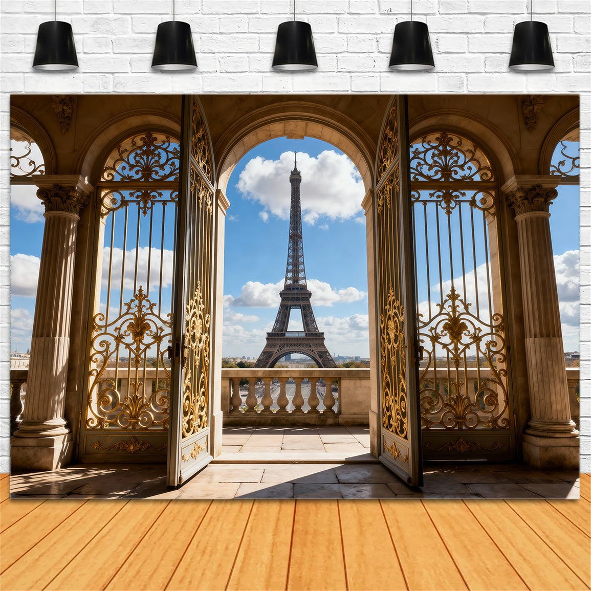 Paris Themed Backdrop Golden Palace Archway Balcony View Eiffel Tower Backdrops RR61-62