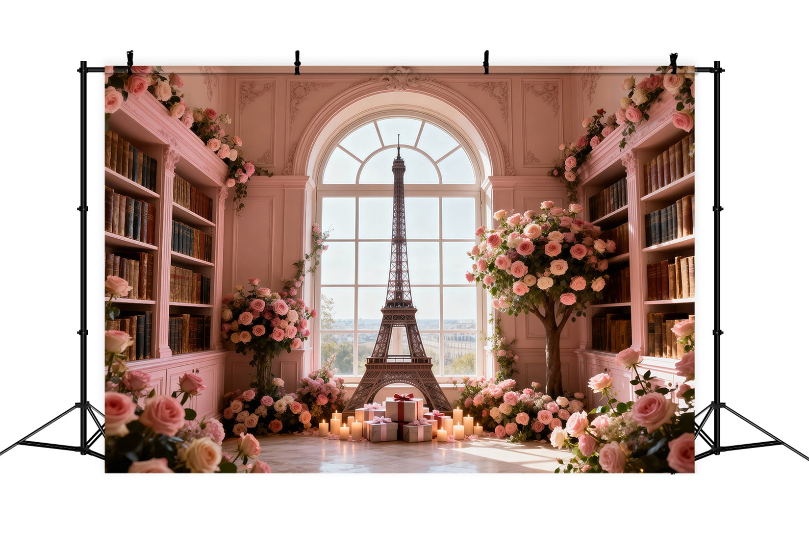 Paris Themed Backdrops Rose Library Window Romance Eiffel Tower Backdrops RR61-64