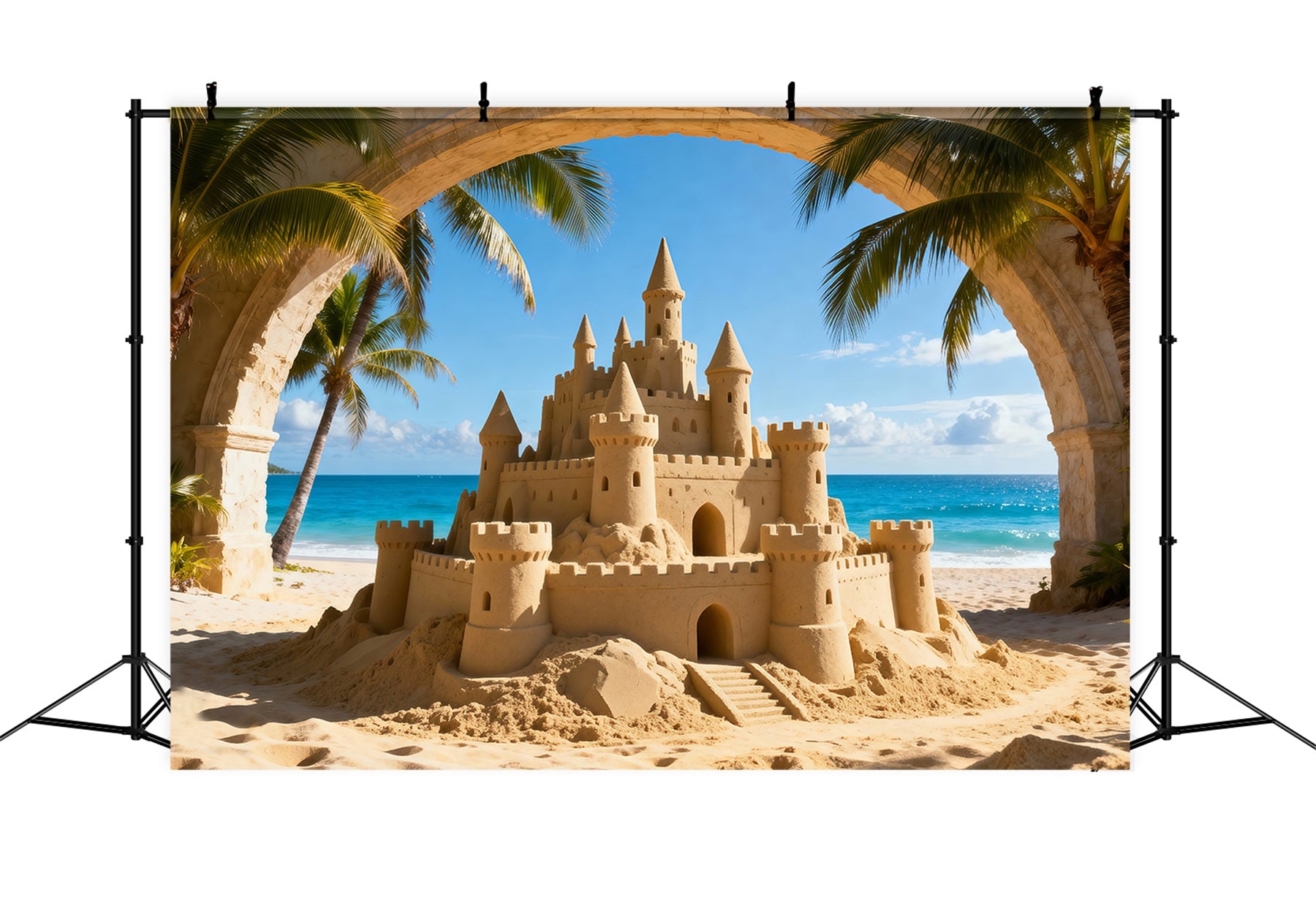 Beach Sand Backdrop Tropical Sandcastle Ocean View Summer Themed Backdrop RR61-7