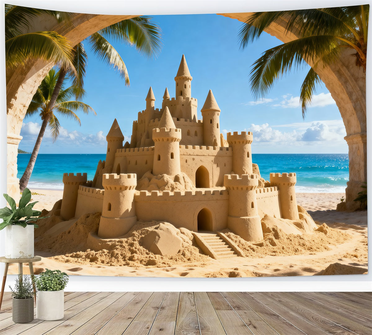 Beach Sand Backdrop Tropical Sandcastle Ocean View Summer Themed Backdrop RR61-7