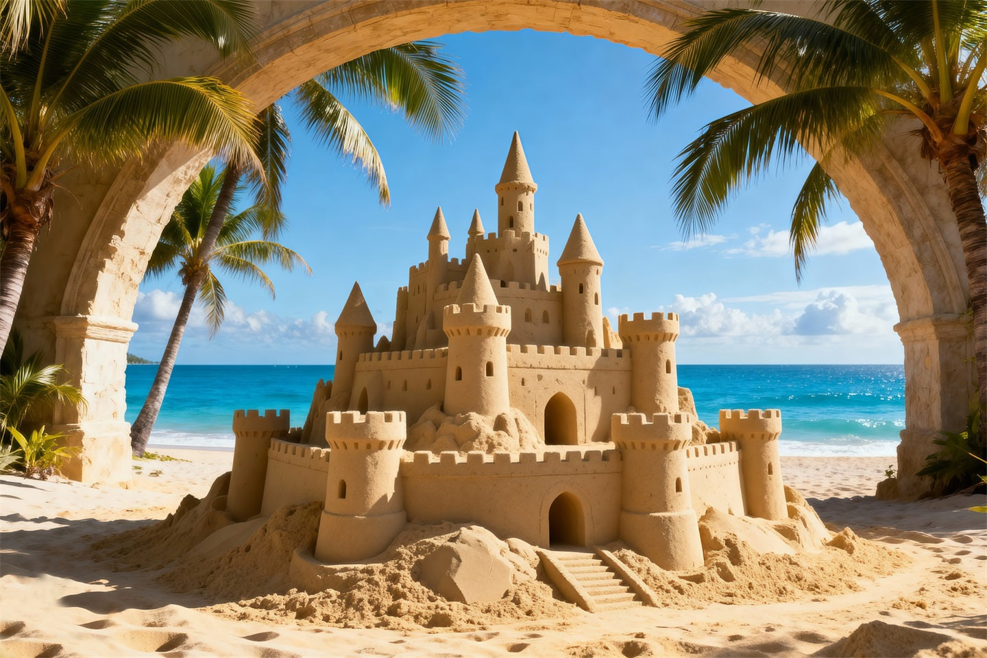 Beach Sand Backdrop Tropical Sandcastle Ocean View Summer Themed Backdrop RR61-7