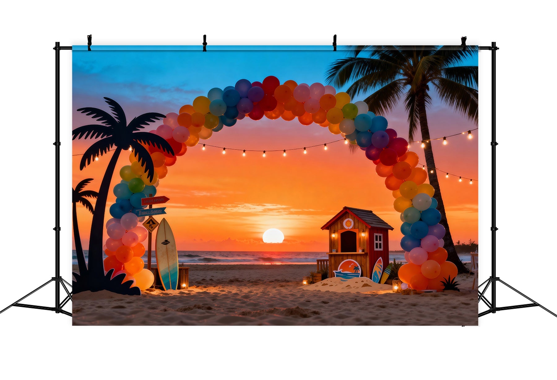 Beach Sunset Backdrop Balloon Arch Palm Trees Summer Theme Backdrop RR61-8