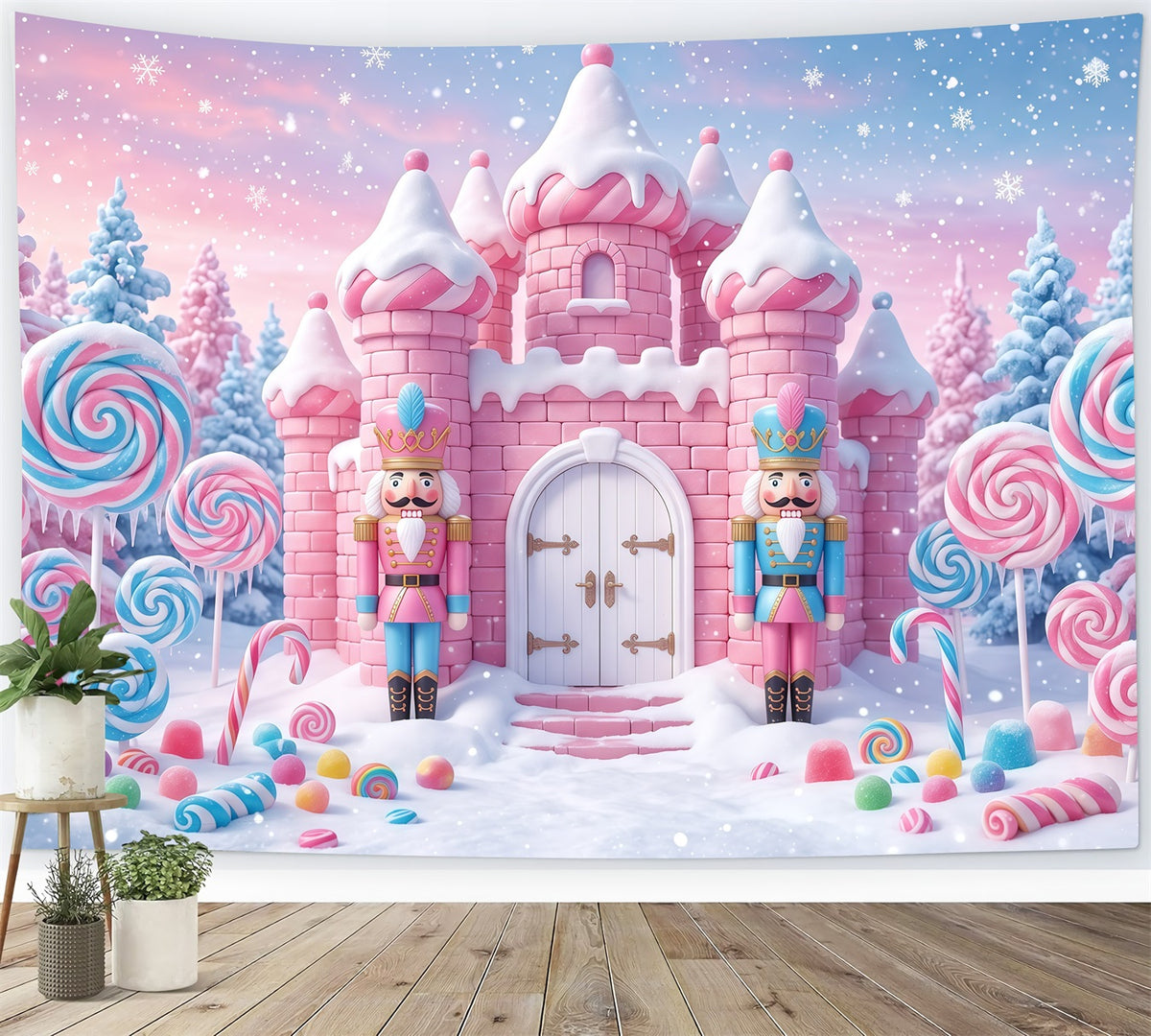 Nutcracker Land Of Sweets Backdrop Pink Candy Castle Nutcracker Snow Scene Backdrop RR610-10