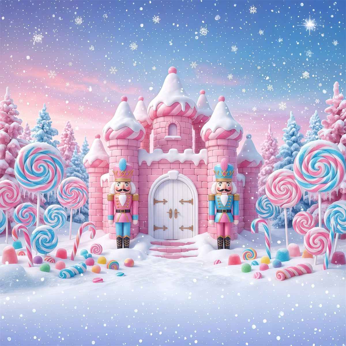 Nutcracker Land Of Sweets Backdrop Pink Candy Castle Nutcracker Snow Scene Backdrop RR610-10