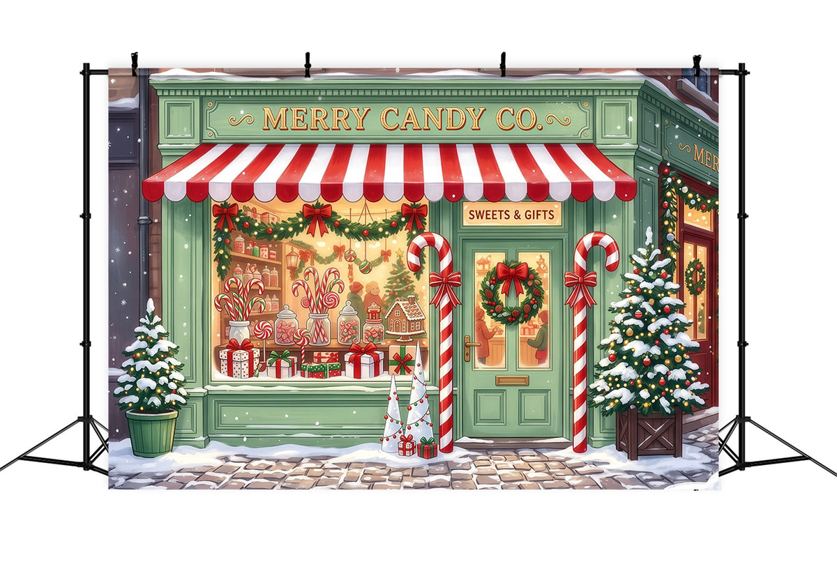 Christmas Candy Cane Backdrop Mint Green Candy Shopfront Merry Christmas Backdrop RR610-100