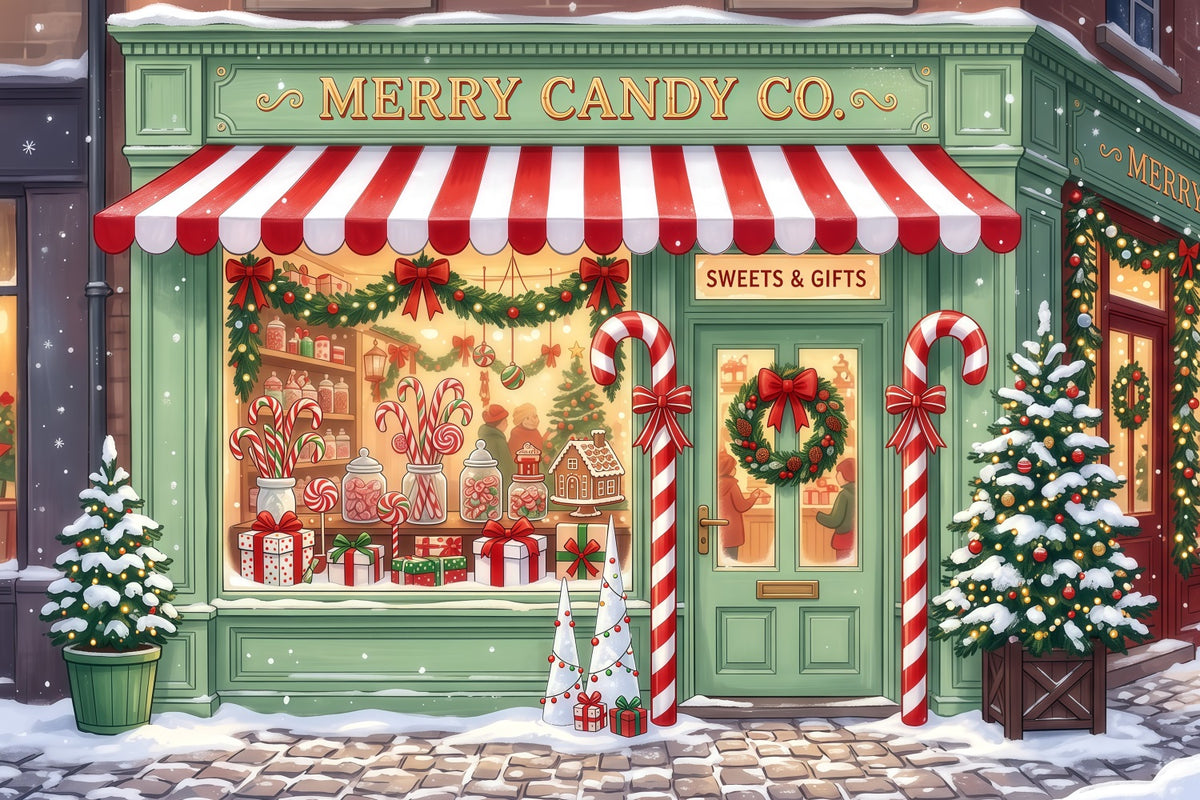 Christmas Candy Cane Backdrop Mint Green Candy Shopfront Merry Christmas Backdrop RR610-100