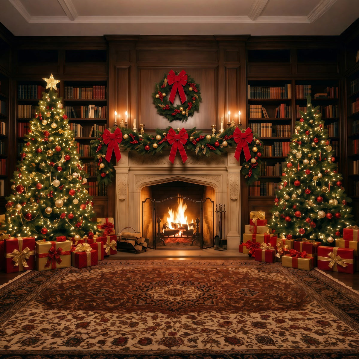 Christmas Backdrops for Photography Ornate Fireplace Library Display Christmas Fireplace Backdrop RR610-101