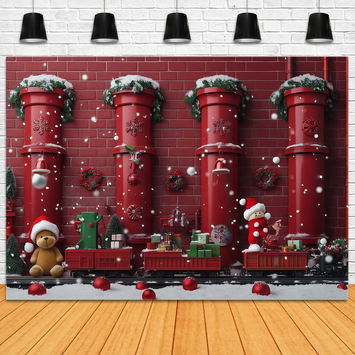 Christmas Backdrop Red Pipe Toy Train Christmas Backdrops Photography RR610-102
