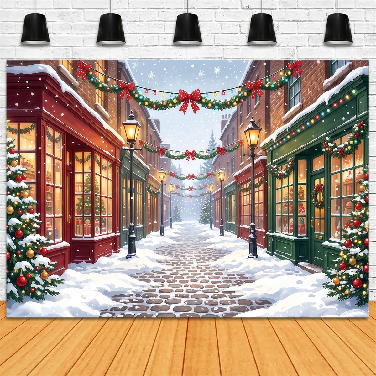 Christmas Village Backdrops Snowy Decorated Shopping Street Christmas Street Backdrop RR610-103