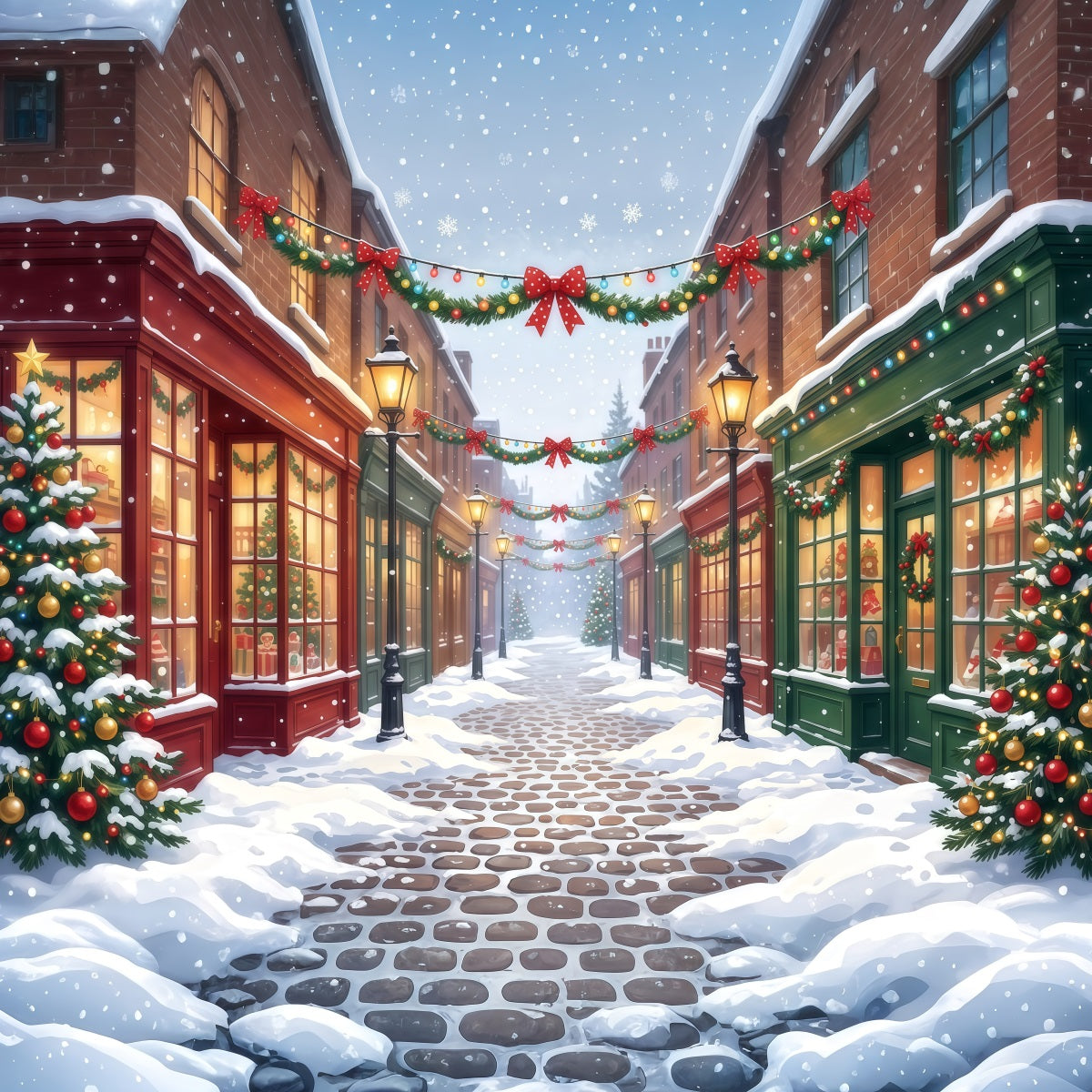 Christmas Village Backdrops Snowy Decorated Shopping Street Christmas Street Backdrop RR610-103