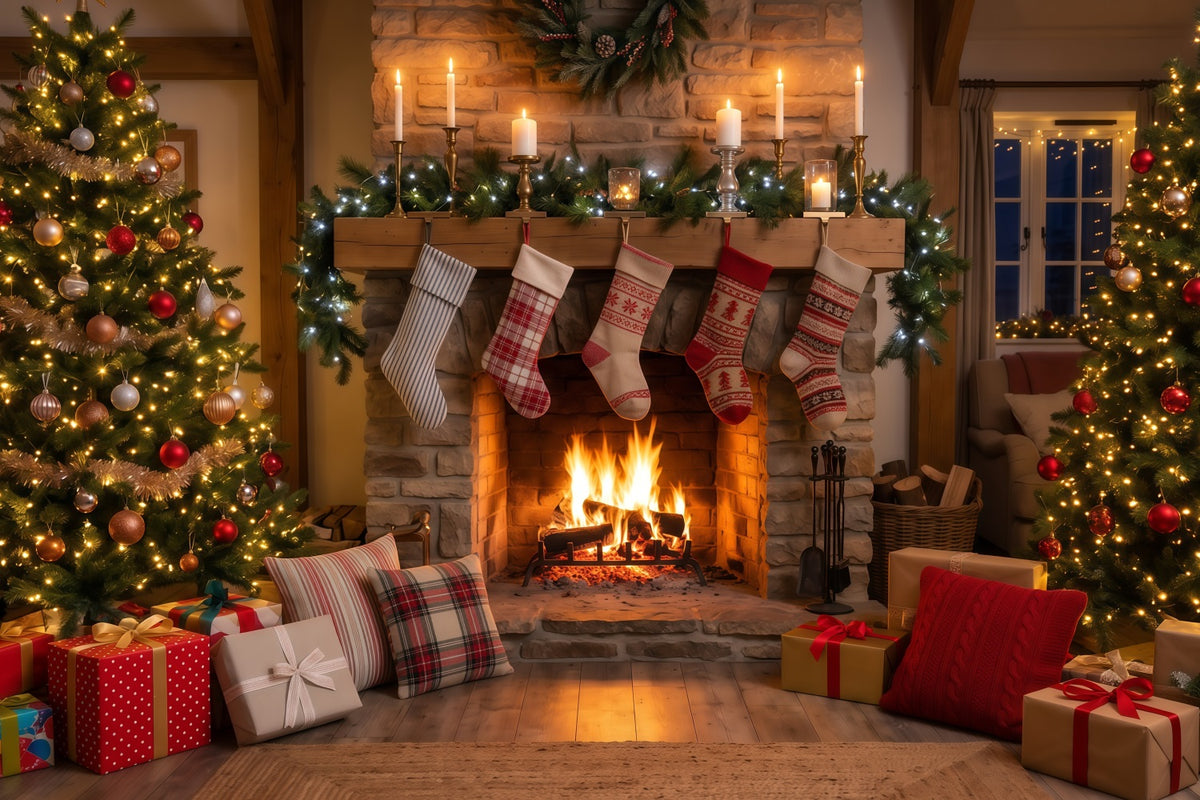 Christmas Fireplace Backdrop Rustic Hanging Stockings Christmas Backdrop for Photography RR610-104