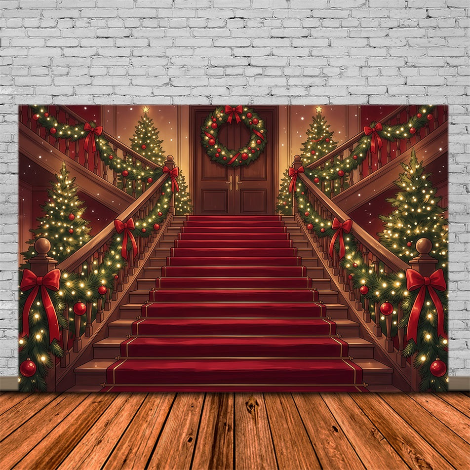 Christmas Scene Backdrop Garland Wrapped Grand Staircase Christmas Staircase Backdrop RR610-105