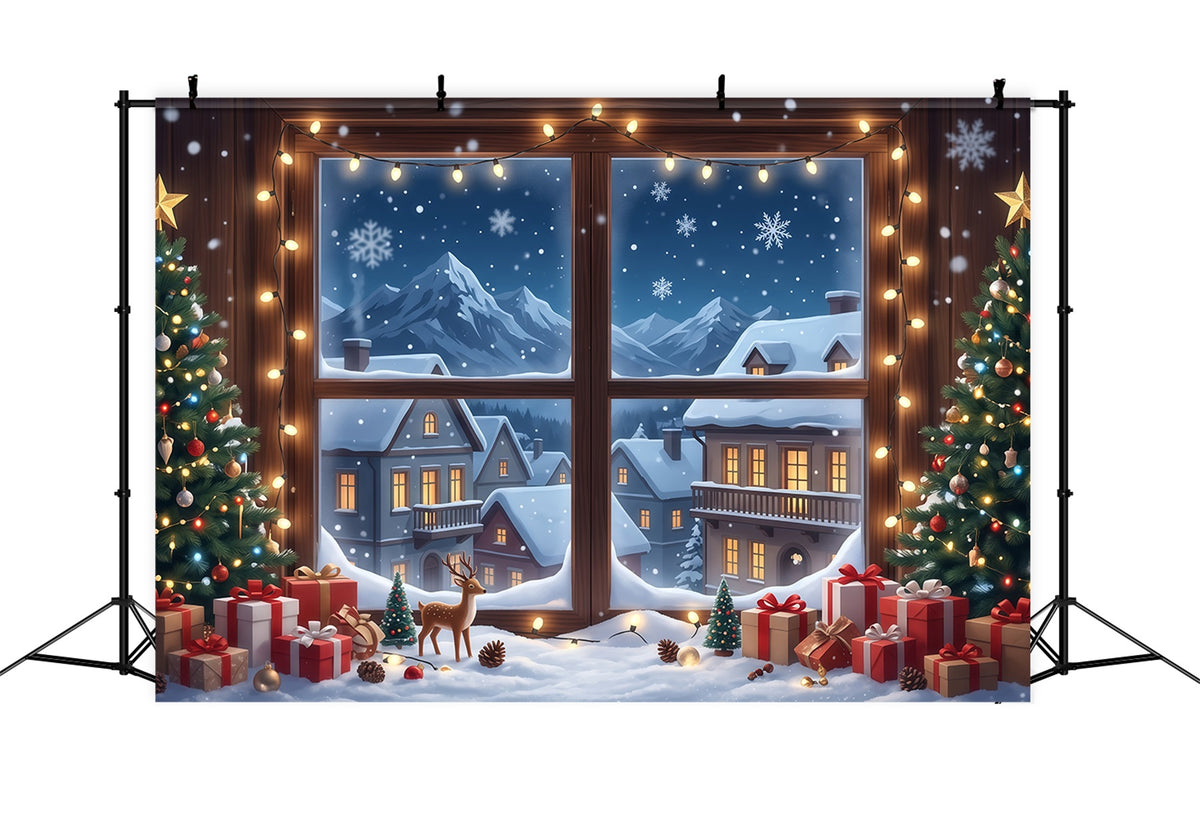 Winter Christmas Backdrop Snowy House Window Display Christmas Village Backdrops RR610-107