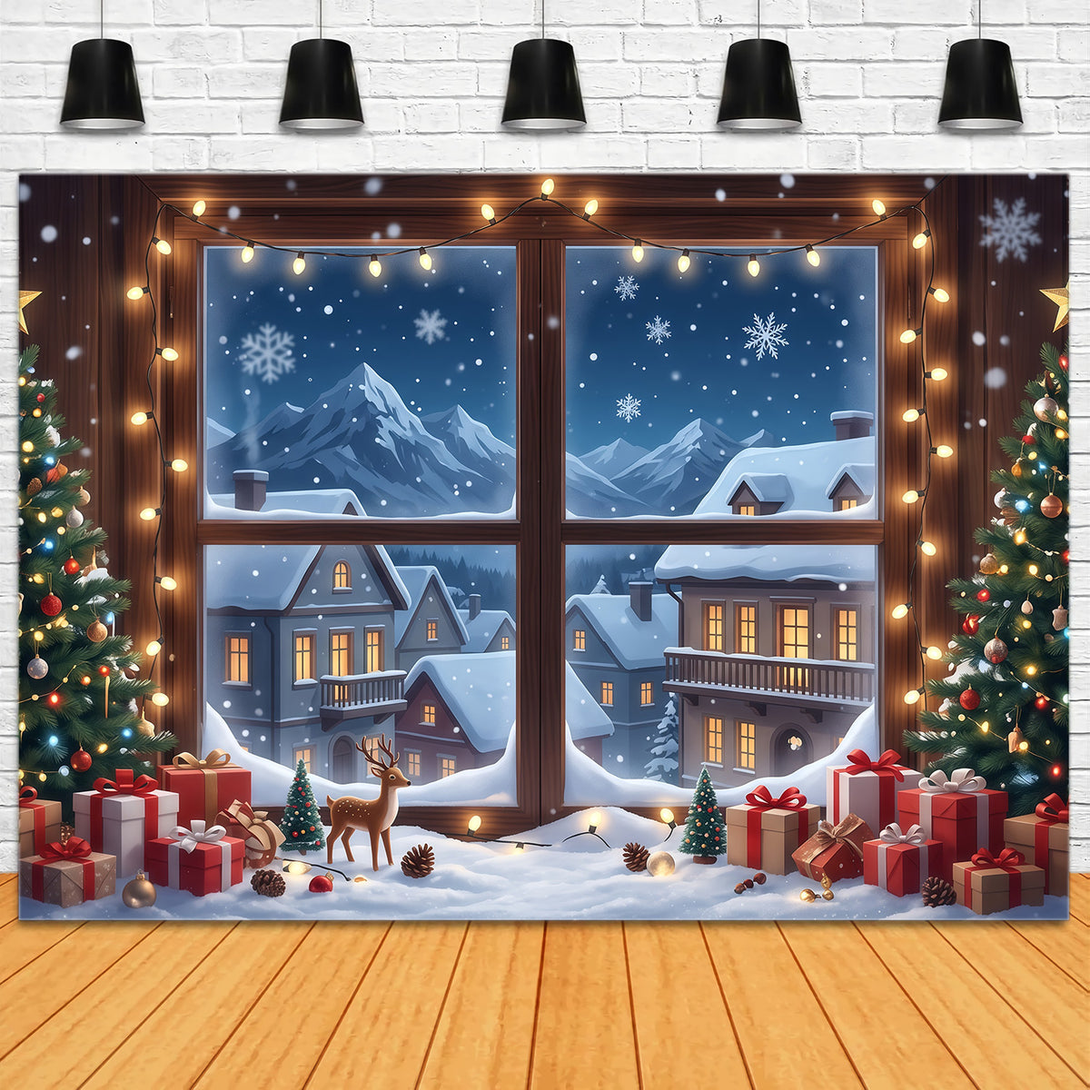Winter Christmas Backdrop Snowy House Window Display Christmas Village Backdrops RR610-107