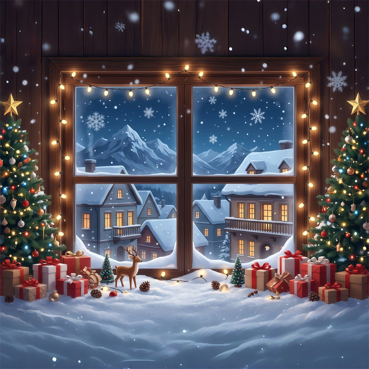 Winter Christmas Backdrop Snowy House Window Display Christmas Village Backdrops RR610-107