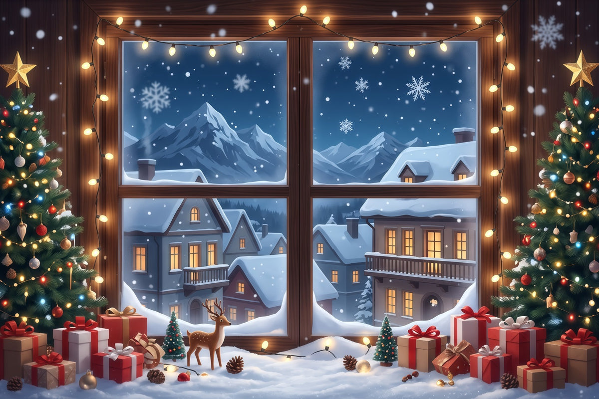 Winter Christmas Backdrop Snowy House Window Display Christmas Village Backdrops RR610-107