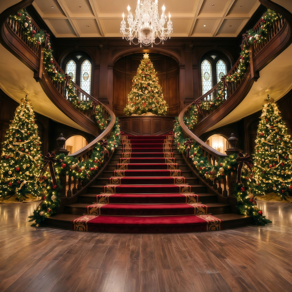 Living Room Christmas Backdrop Ornate Double Staircase Foyer Christmas Wall Backdrop RR610-108