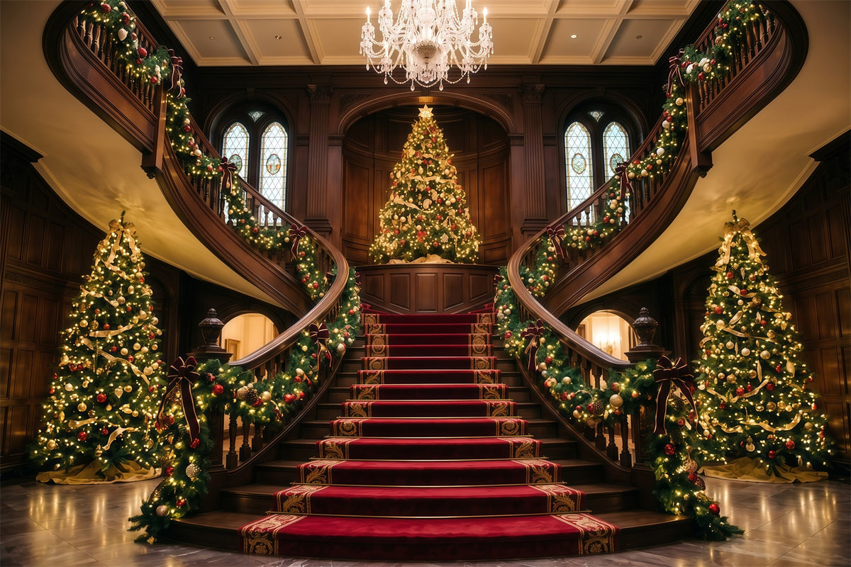 Living Room Christmas Backdrop Ornate Double Staircase Foyer Christmas Wall Backdrop RR610-108
