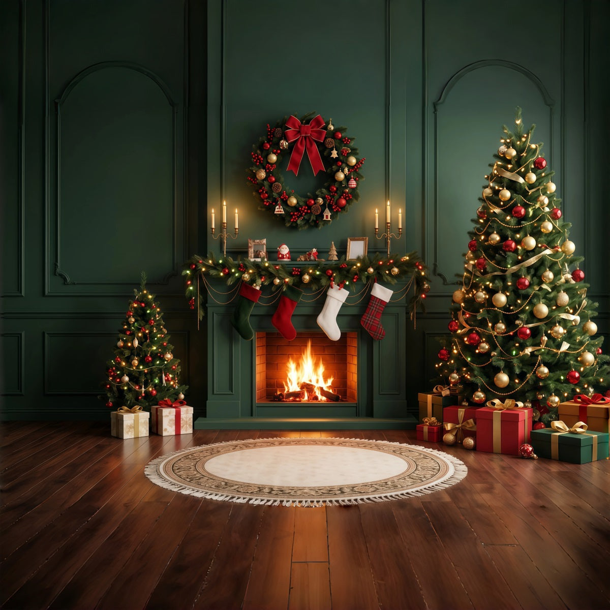 Christmas Fireplace Backdrops Evergreen Stockings Wreath Christmas Scene Backdrop RR610-110