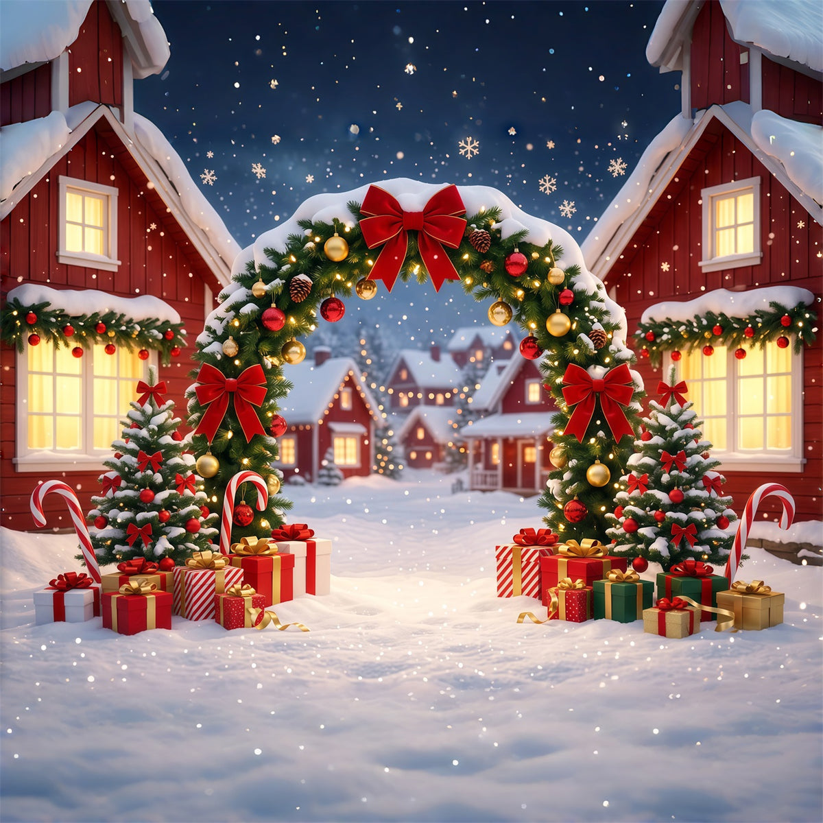 Christmas Village Backdrops Snowy Wreath House Arch Christmas Themed Backdrops RR610-112