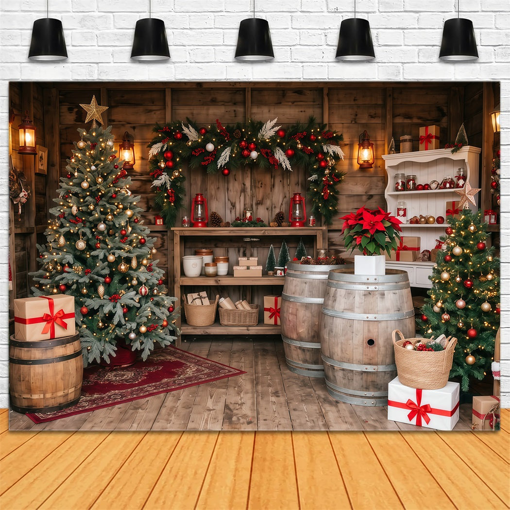 Christmas Store Backdrop Rustic Cabin Evergreen Christmas Backdrop for Pictures RR610-115