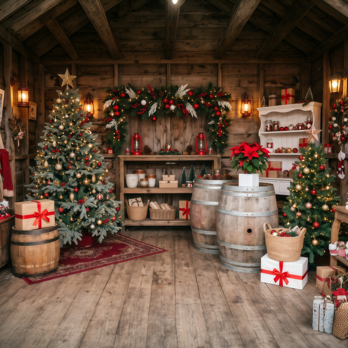 Christmas Store Backdrop Rustic Cabin Evergreen Christmas Backdrop for Pictures RR610-115