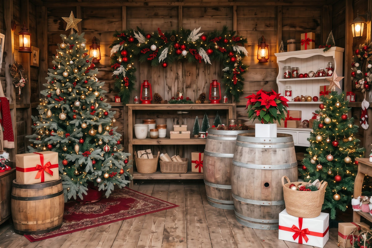 Christmas Store Backdrop Rustic Cabin Evergreen Christmas Backdrop for Pictures RR610-115