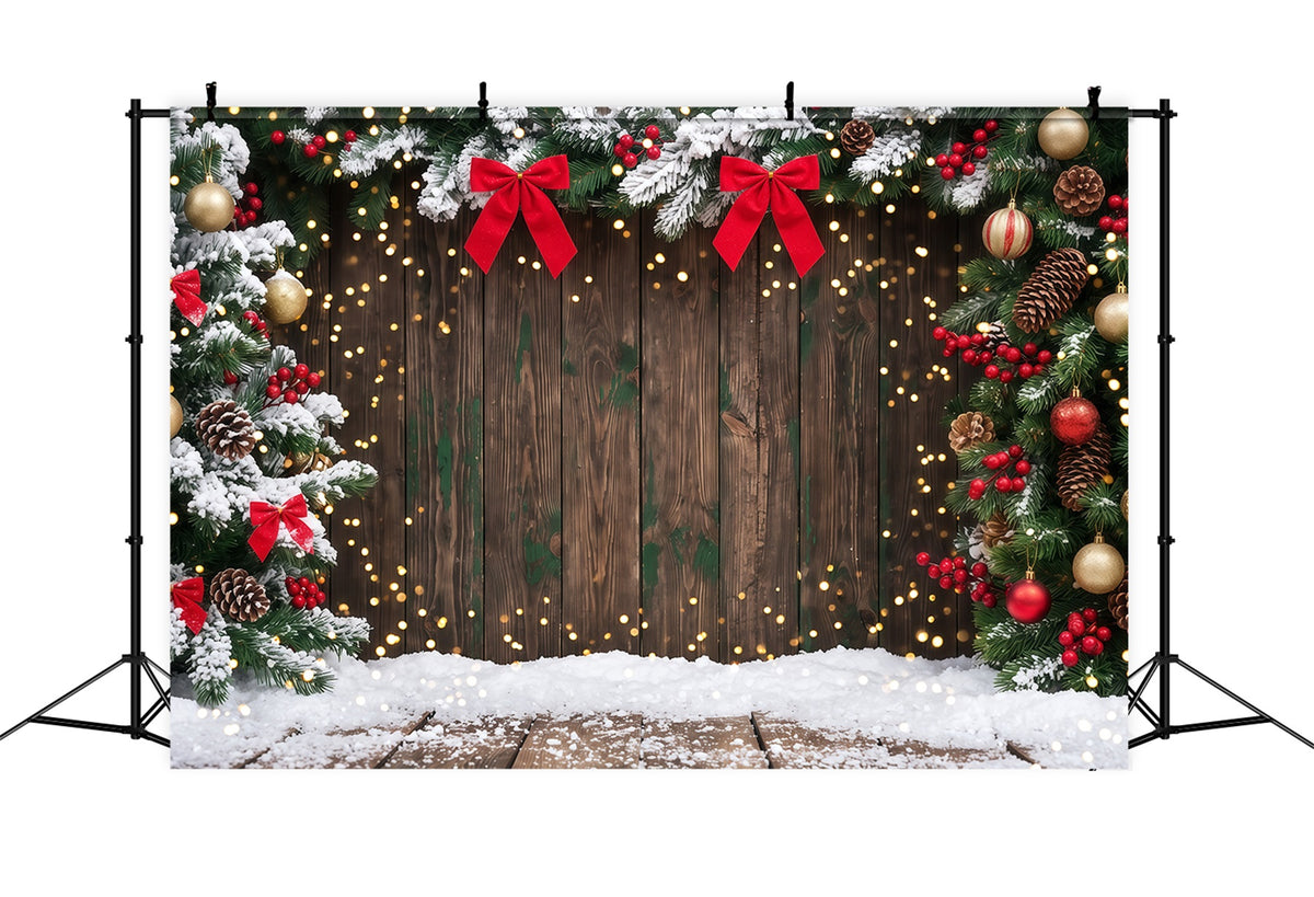 Christmas Backdrop Bokeh Snowy Evergreen Wooden Christmas Theme Backdrop RR610-116