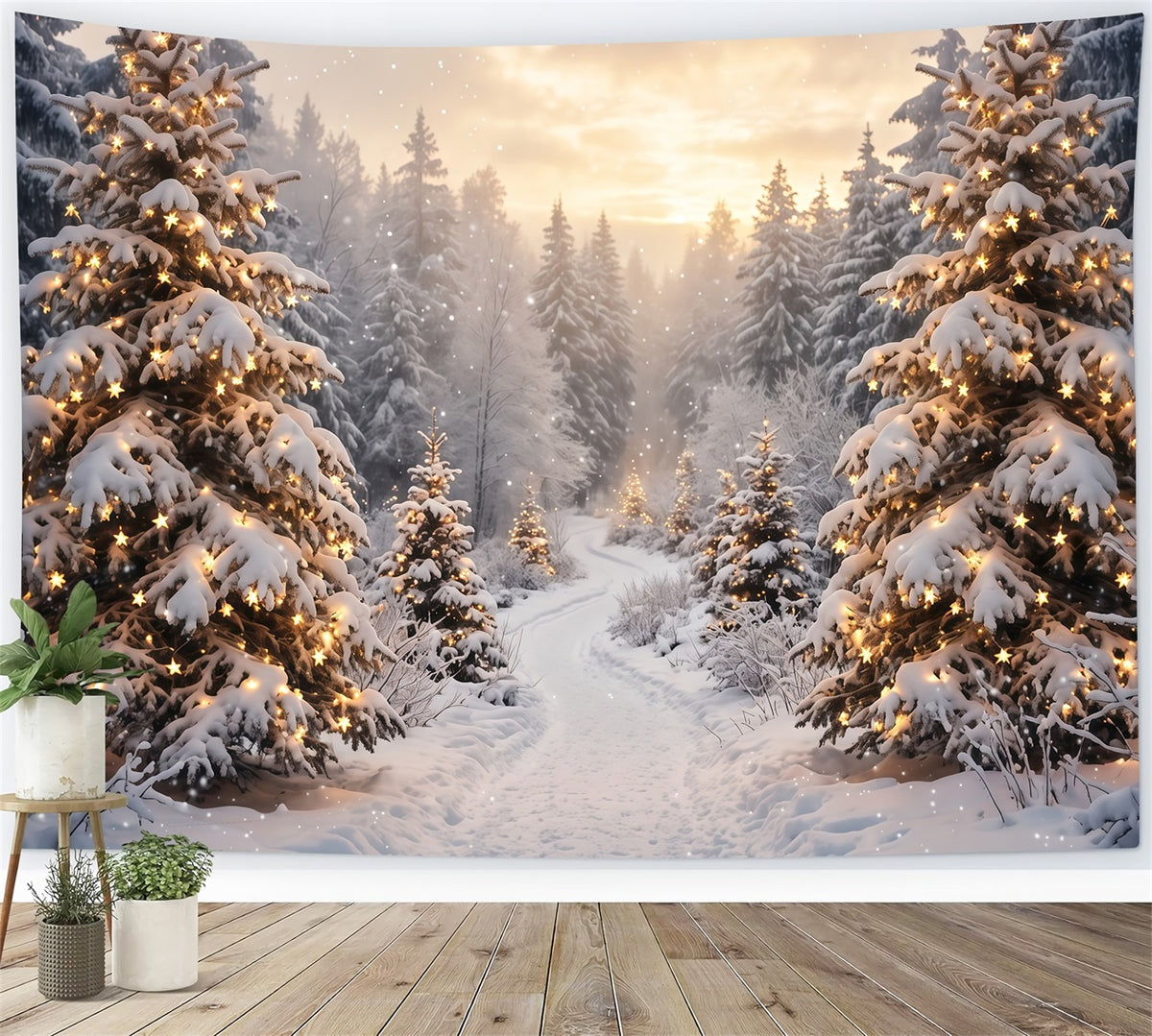 Christmas Tree Forest Backdrop Golden Light Snowy Trees Christmas Party Photo Backdrop RR610-117
