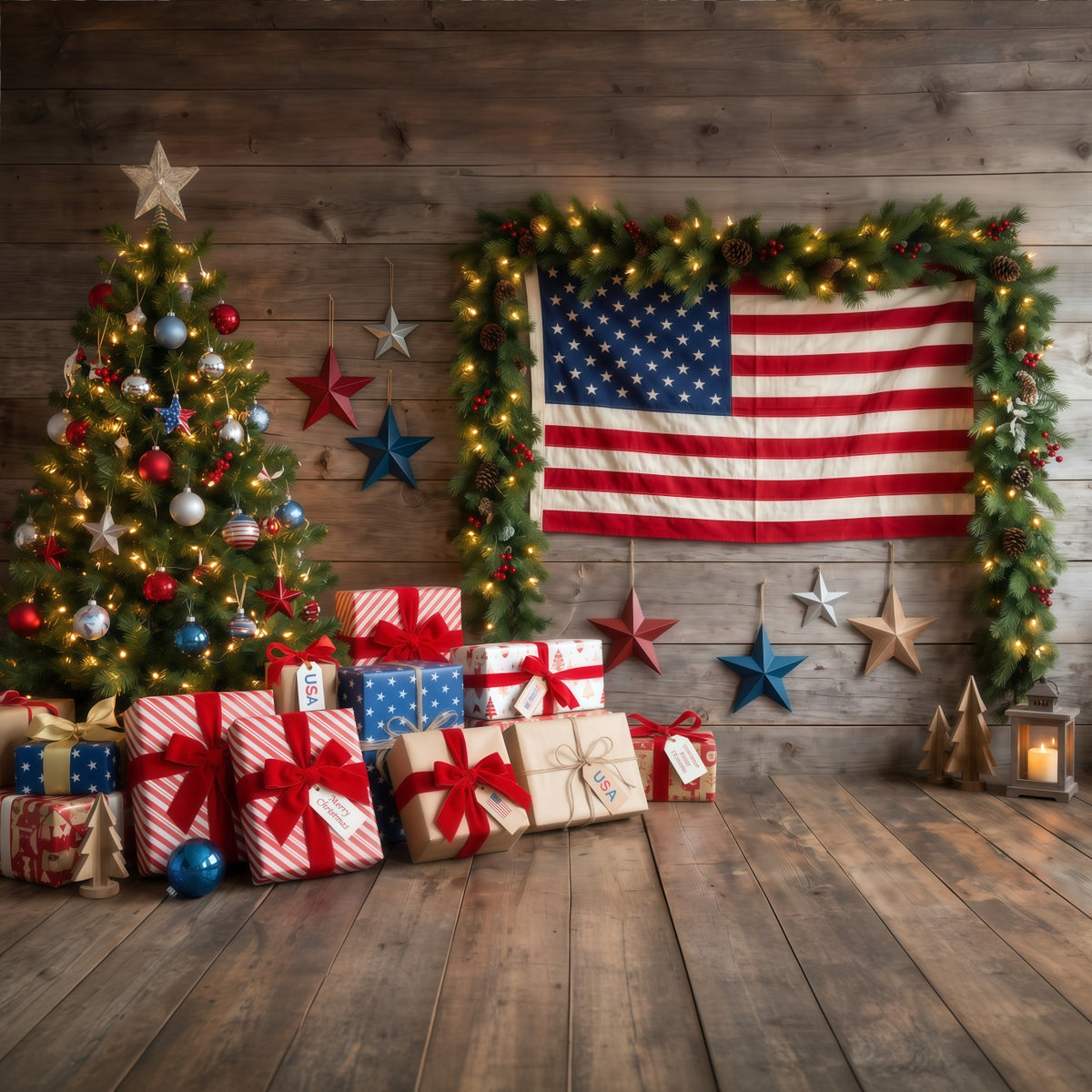 Country Christmas Backdrop Patriotic Flag Gift Christmas Tree Photography Backdrop RR610-118