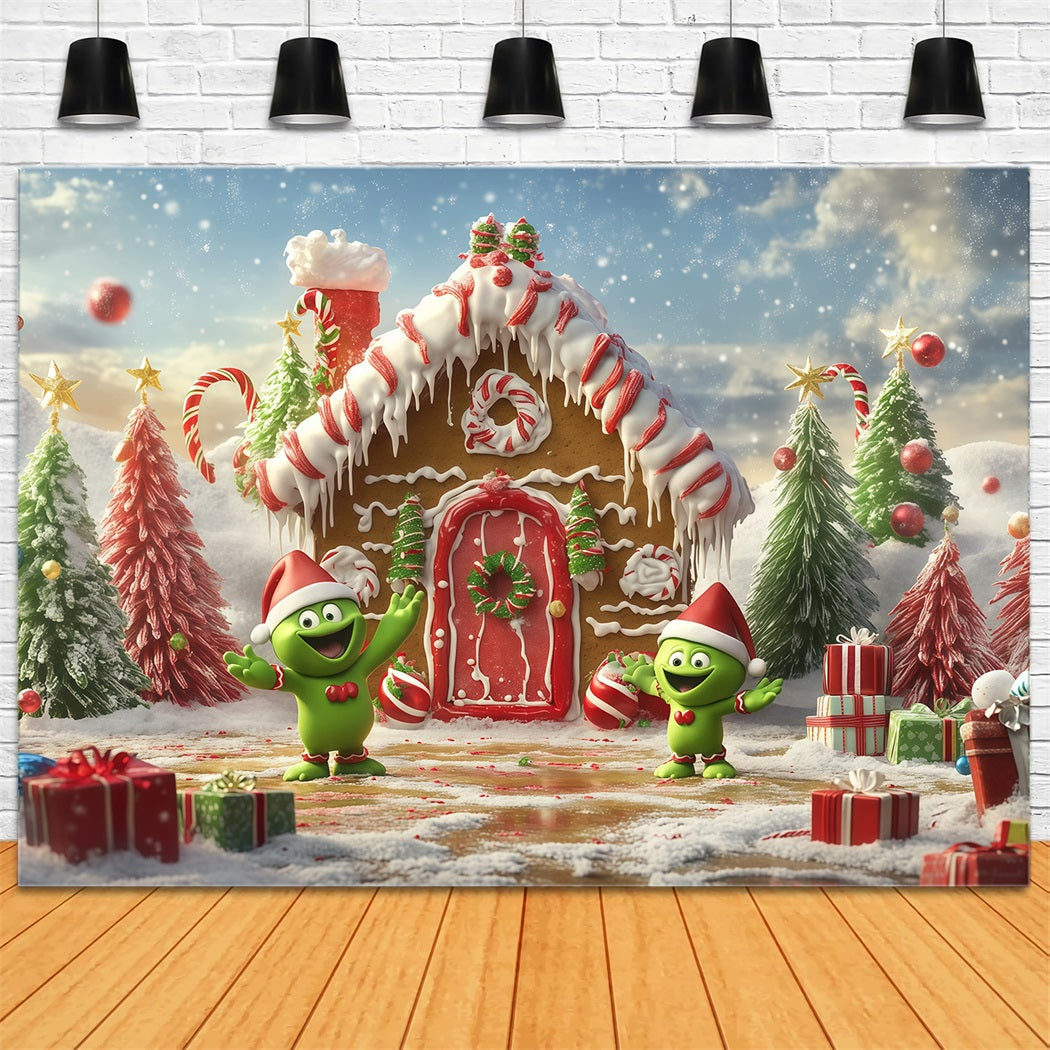 Grinch Backdrop Gingerbread Cottage Candy Characters Christmas Backdrops for Pictures RR610-120