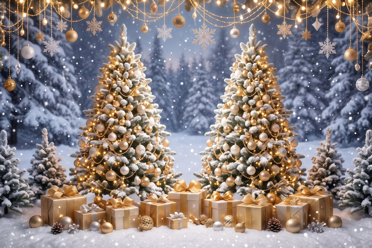 Christmas Backdrop for Photos Golden Ornament Twin Trees Christmas Card Backdrop RR610-121