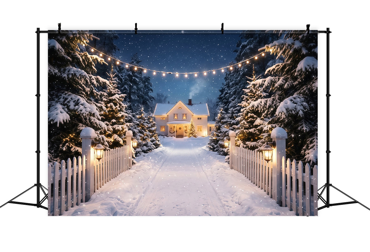 Christmas Lights Photo Backdrop Snowy White House Driveway Christmas Photobooth Backdrop RR610-122