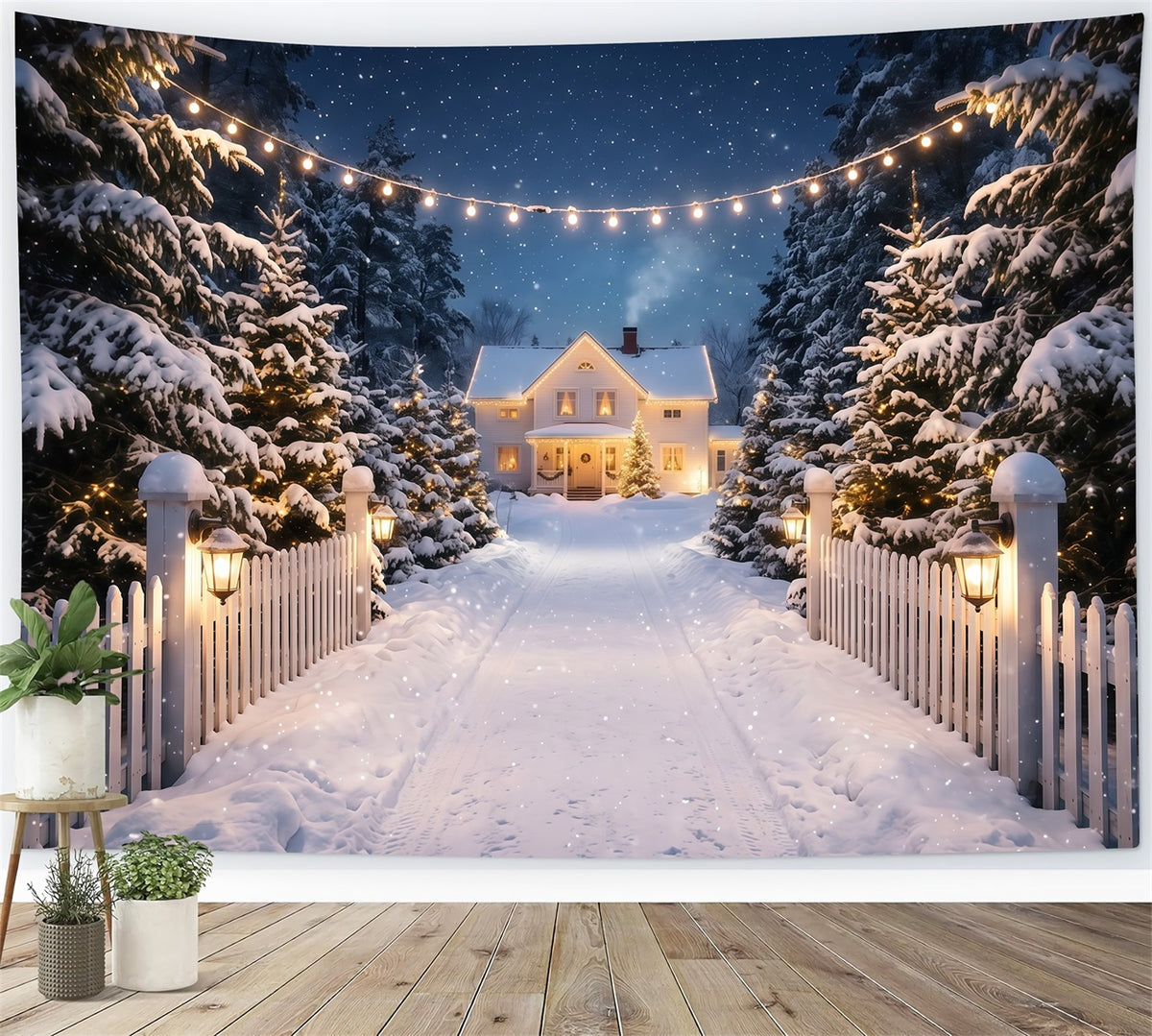 Christmas Lights Photo Backdrop Snowy White House Driveway Christmas Photobooth Backdrop RR610-122