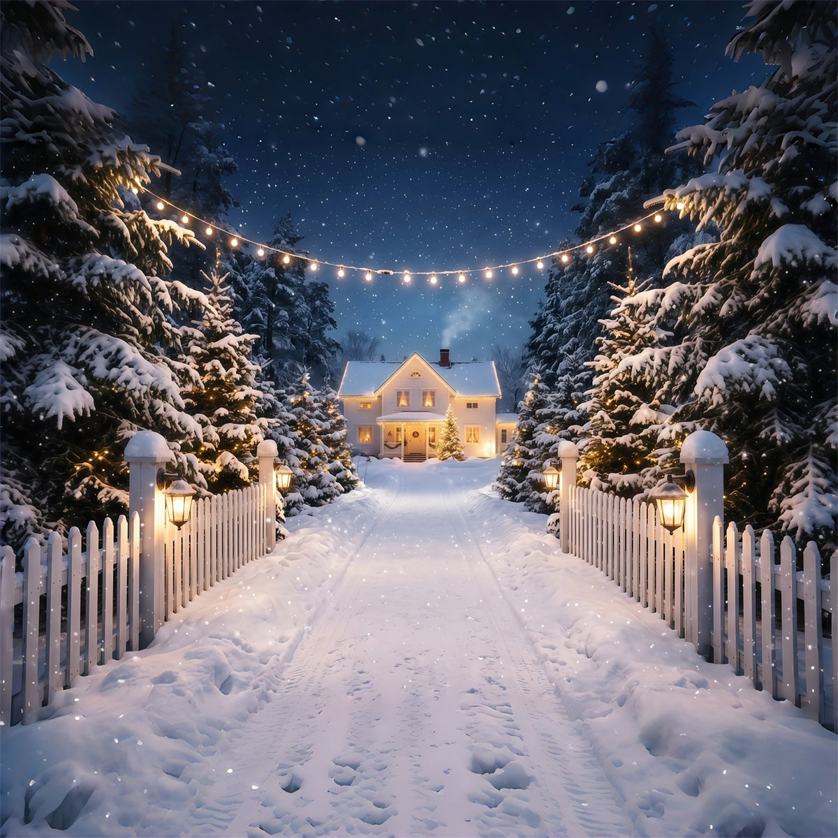 Christmas Lights Photo Backdrop Snowy White House Driveway Christmas Photobooth Backdrop RR610-122
