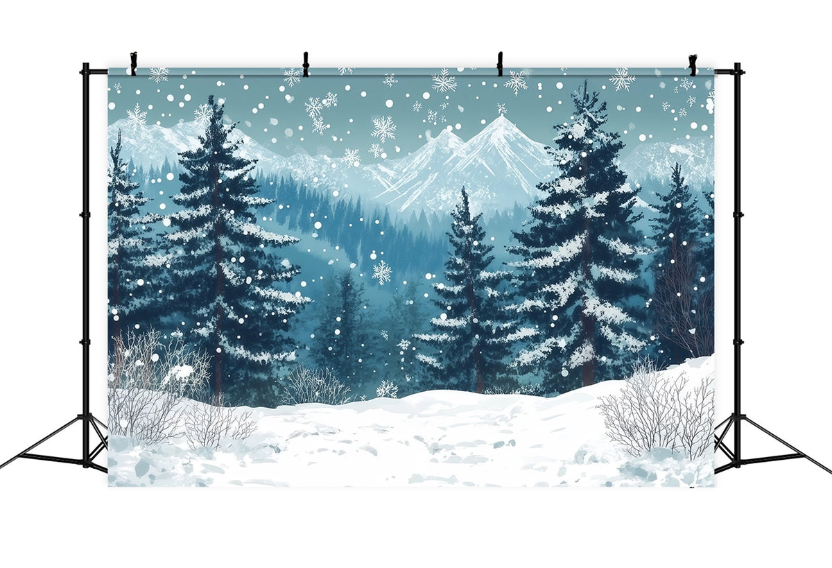 Christmas Tree Photography Backdrop Snowy Mountain Pine Forest Christmas Backdrop Photo RR610-123