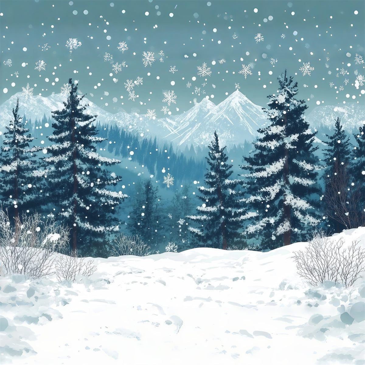 Christmas Tree Photography Backdrop Snowy Mountain Pine Forest Christmas Backdrop Photo RR610-123