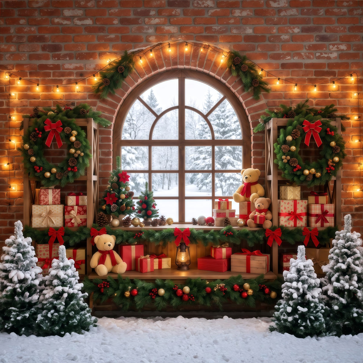 Christmas Window Backdrops Festive Room Wreath Display Christmas Holiday Backdrop RR610-124