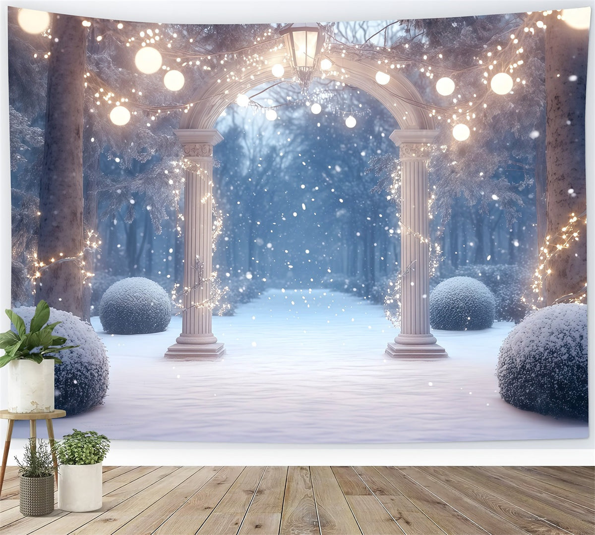Christmas Forest Backdrop Snowy Illuminated Garden Arch Christmas Portrait Backdrop RR610-127