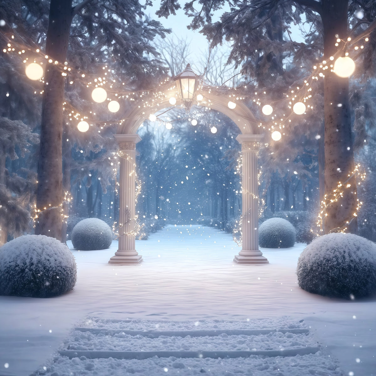 Christmas Forest Backdrop Snowy Illuminated Garden Arch Christmas Portrait Backdrop RR610-127