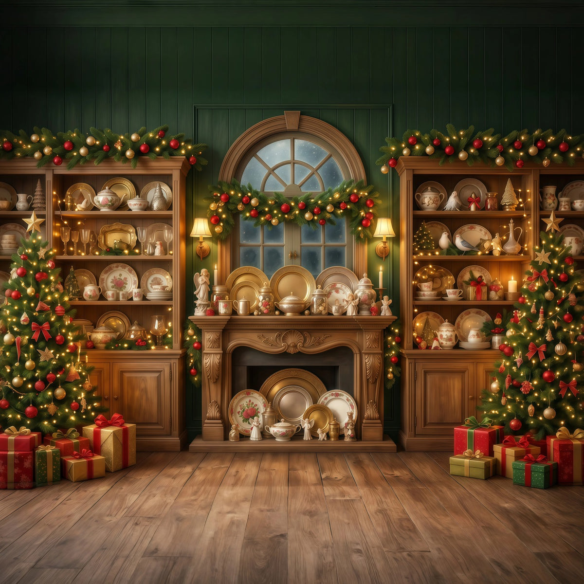 Santa Backdrop Festive Vintage China Cabinet Christmas Backdrop for Party RR610-128