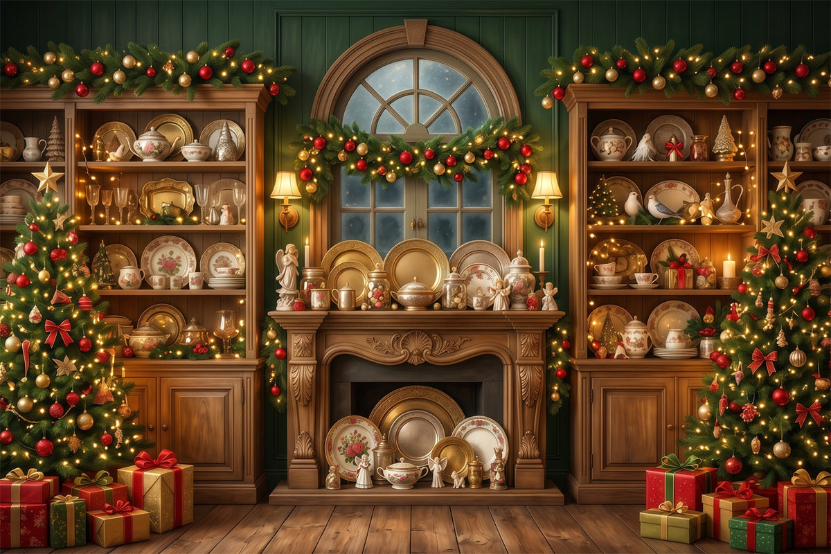 Santa Backdrop Festive Vintage China Cabinet Christmas Backdrop for Party RR610-128