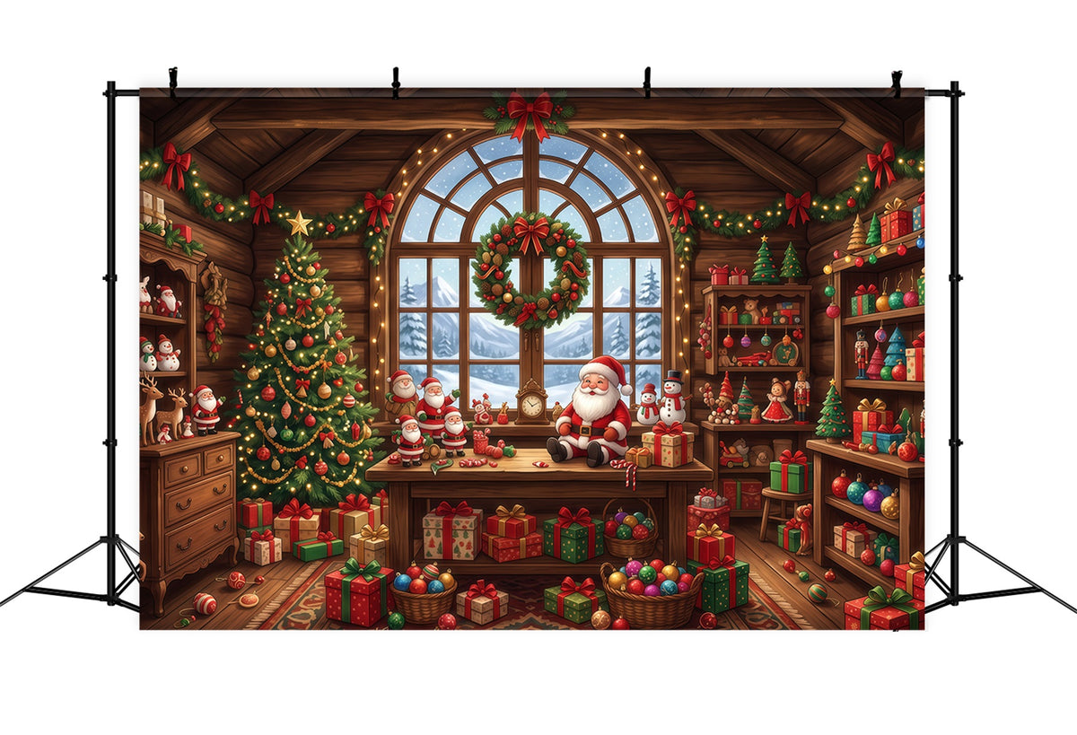Santa Backdrop Rustic Toy Workshop Interior Christmas Backdrop for Party RR610-129