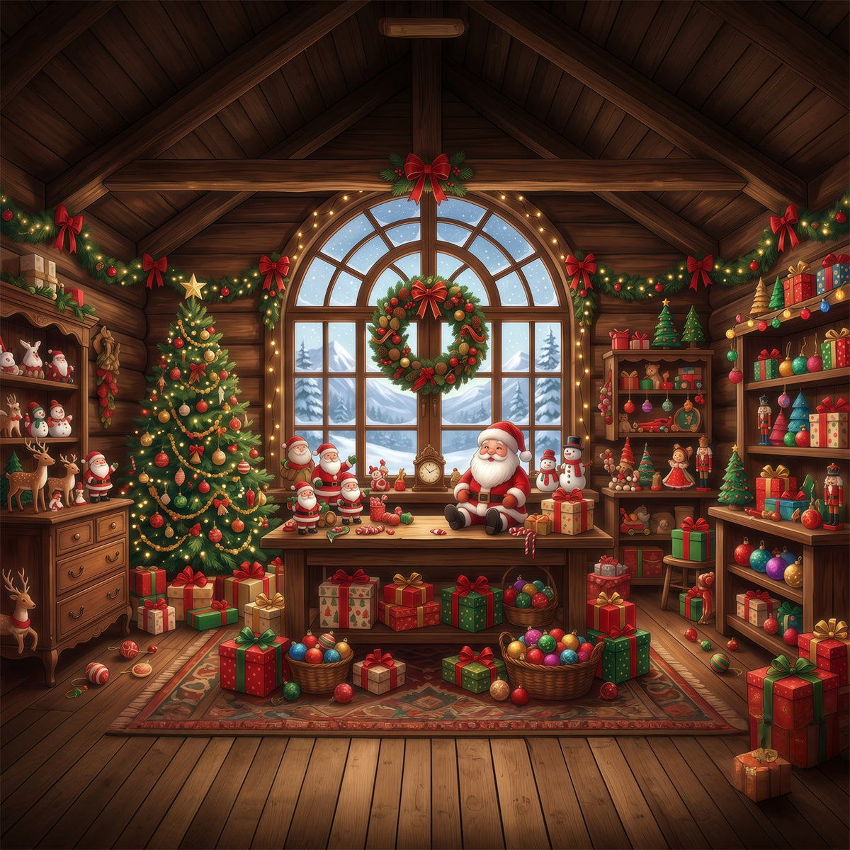 Santa Backdrop Rustic Toy Workshop Interior Christmas Backdrop for Party RR610-129