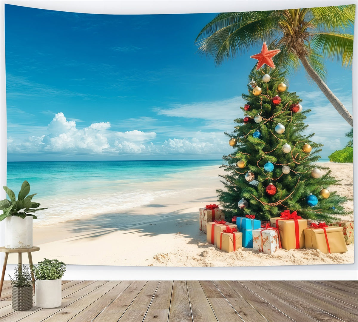 Christmas Tree Backdrops Tropical Beachside Decorated Tree Christmas Themed Backdrop RR610-130