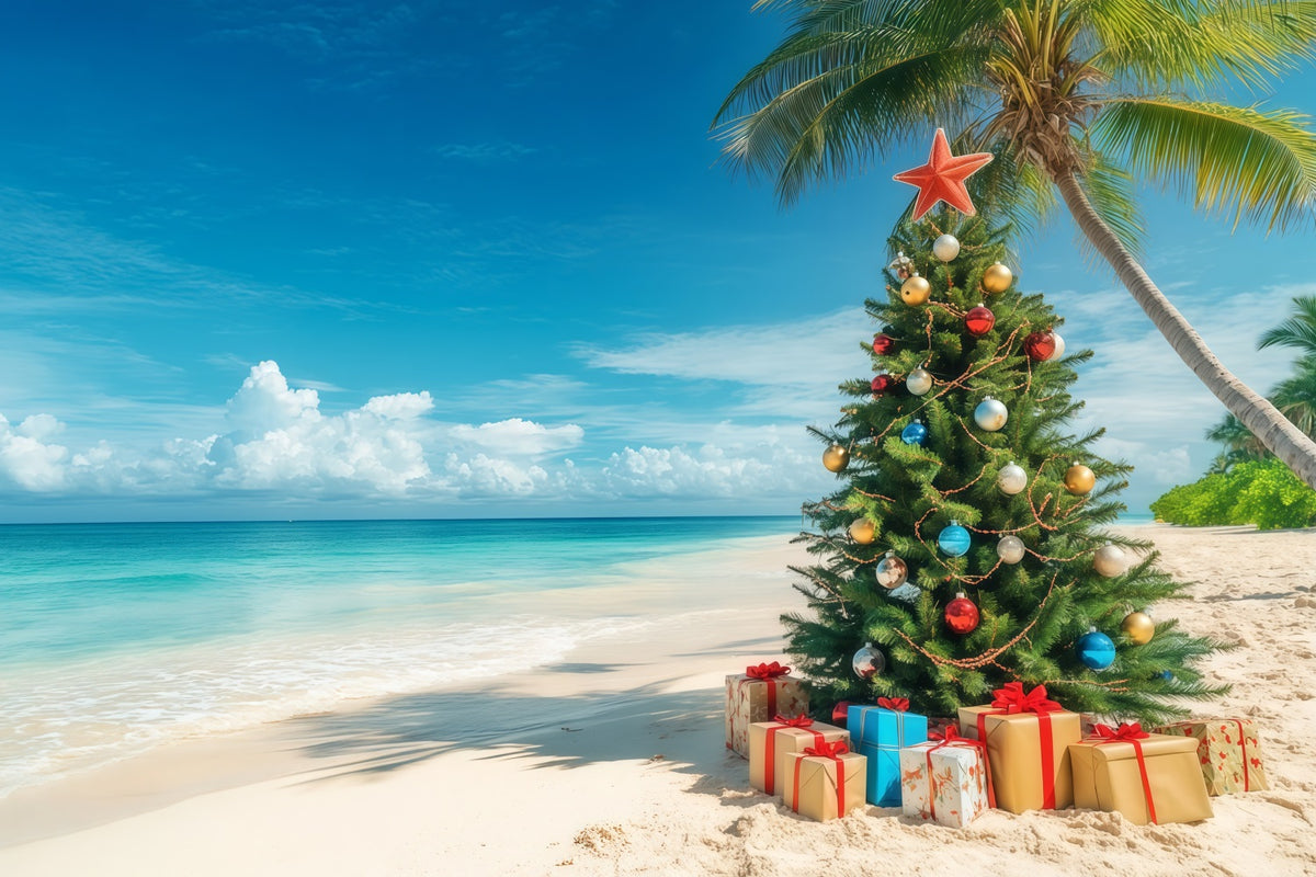 Christmas Tree Backdrops Tropical Beachside Decorated Tree Christmas Themed Backdrop RR610-130