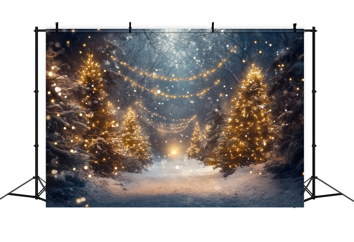 Christmas Tree Forest Backdrop Glowing Snowy Forest Path Christmas Picture Backdrops RR610-131