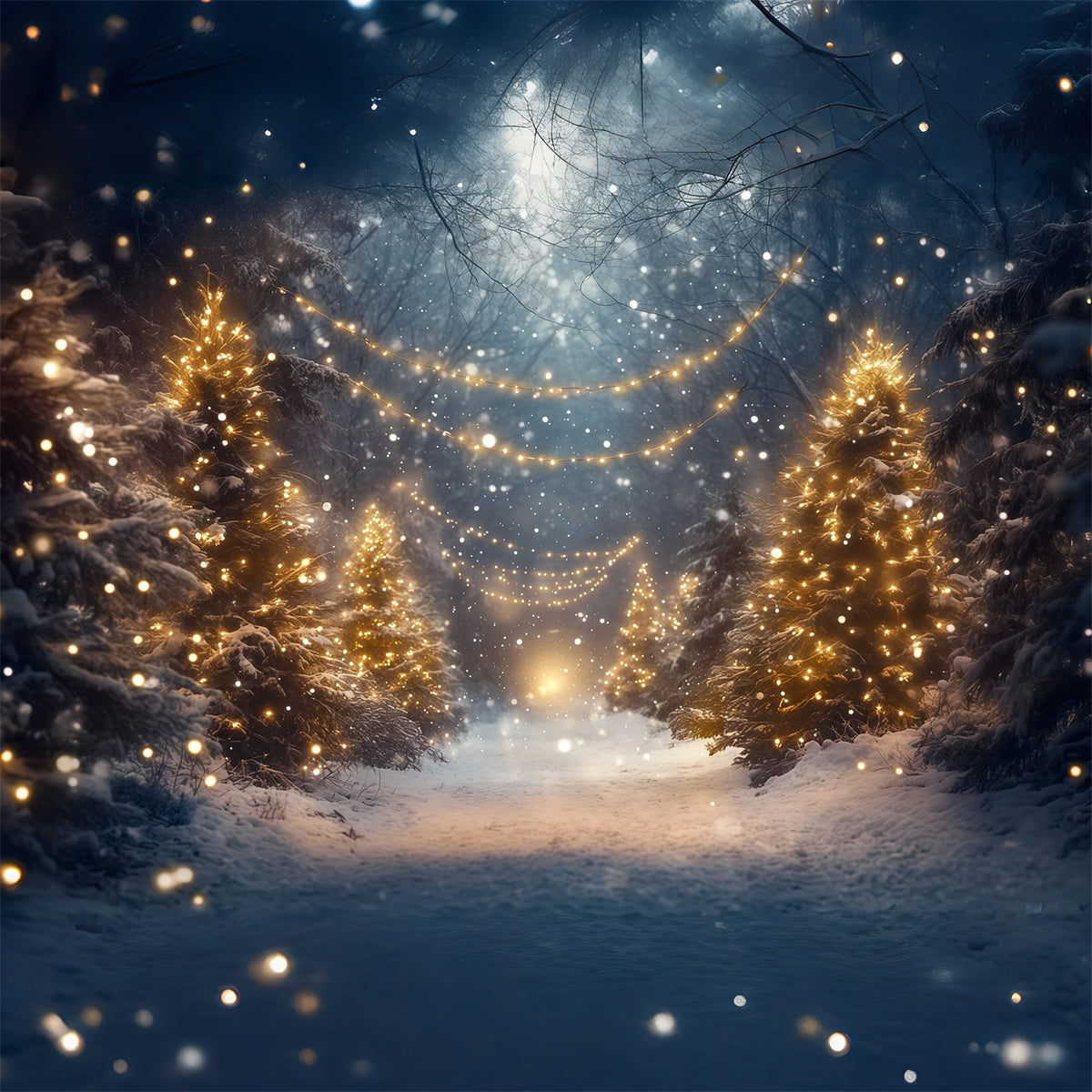 Christmas Tree Forest Backdrop Glowing Snowy Forest Path Christmas Picture Backdrops RR610-131