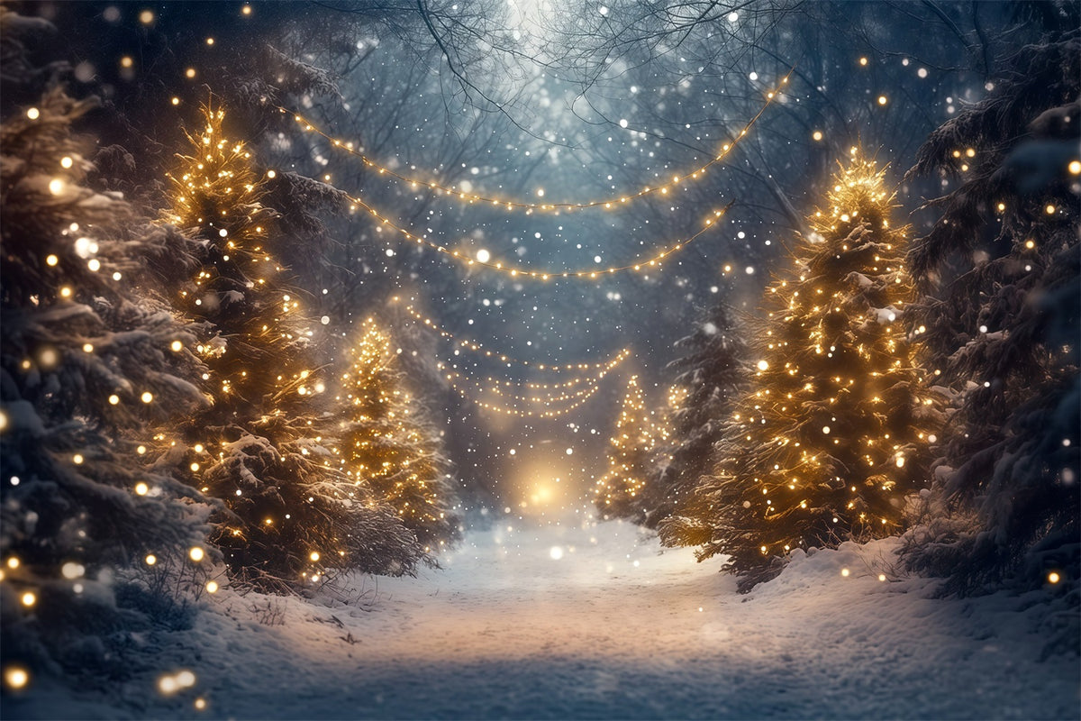 Christmas Tree Forest Backdrop Glowing Snowy Forest Path Christmas Picture Backdrops RR610-131